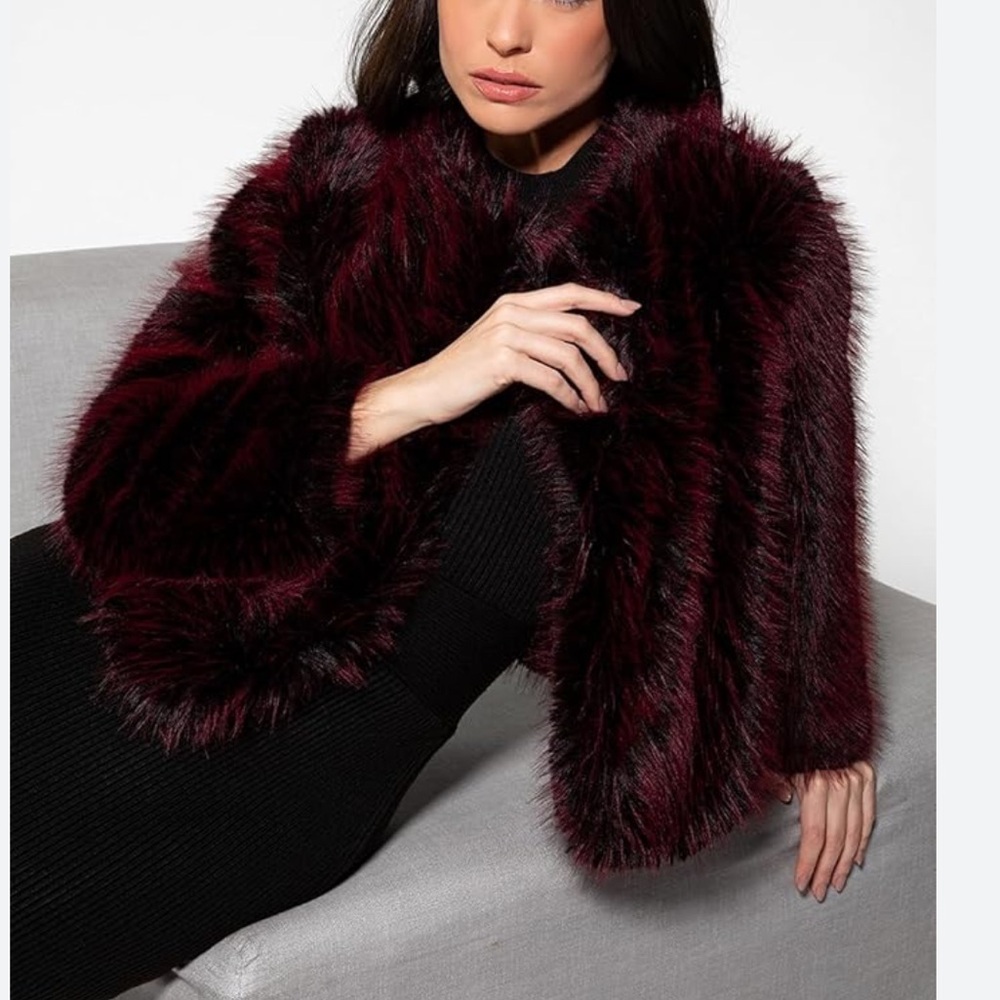 Faux fur coat, XS-M women, or kids 12 and up, designer Christina Rohde, wine red